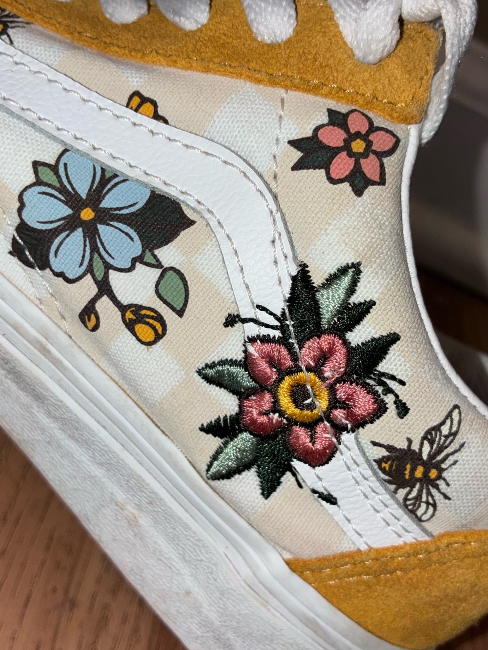 Vans Old Skool Floral Checkerboard Sneakers - Yellow Mustard & White - Picture 3 of 6